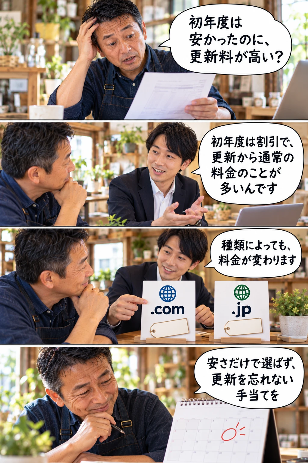 4コマ写真漫画：初年度は安かったのに更新料が高いと驚く店主が、初年度は割引で更新から通常の料金のことが多いと知り、ドメインの種類で料金が変わること、安さだけで選ばず更新を忘れない手当てが大事だと確かめる