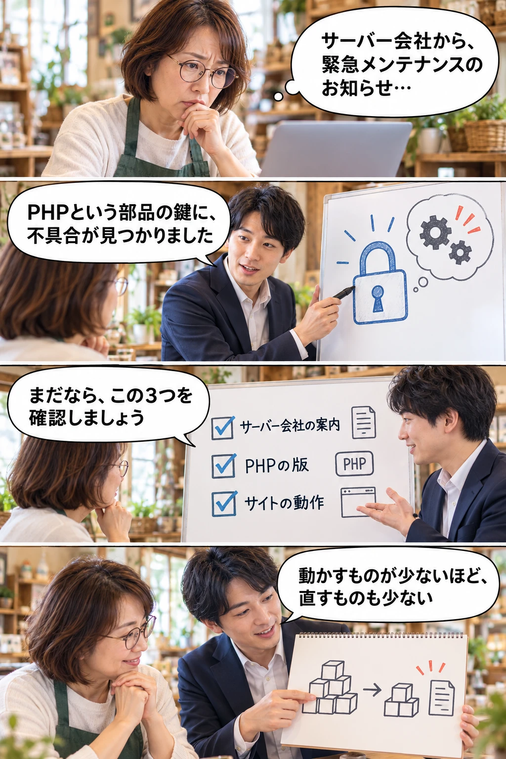 4コマ漫画:店主がパソコンを見て「サーバー会社から、緊急メンテナンスのお知らせ…」と不安そうにしている。担当者がホワイトボードに鍵の絵を描き「PHPという部品の鍵に、不具合が見つかりました」。ホワイトボードに、サーバー会社の案内・PHPの版・サイトの動作の3つのチェックを示し「まだなら、この3つを確認しましょう」。最後に、積み木を減らした図を見せながら「動かすものが少ないほど、直すものも少ない」