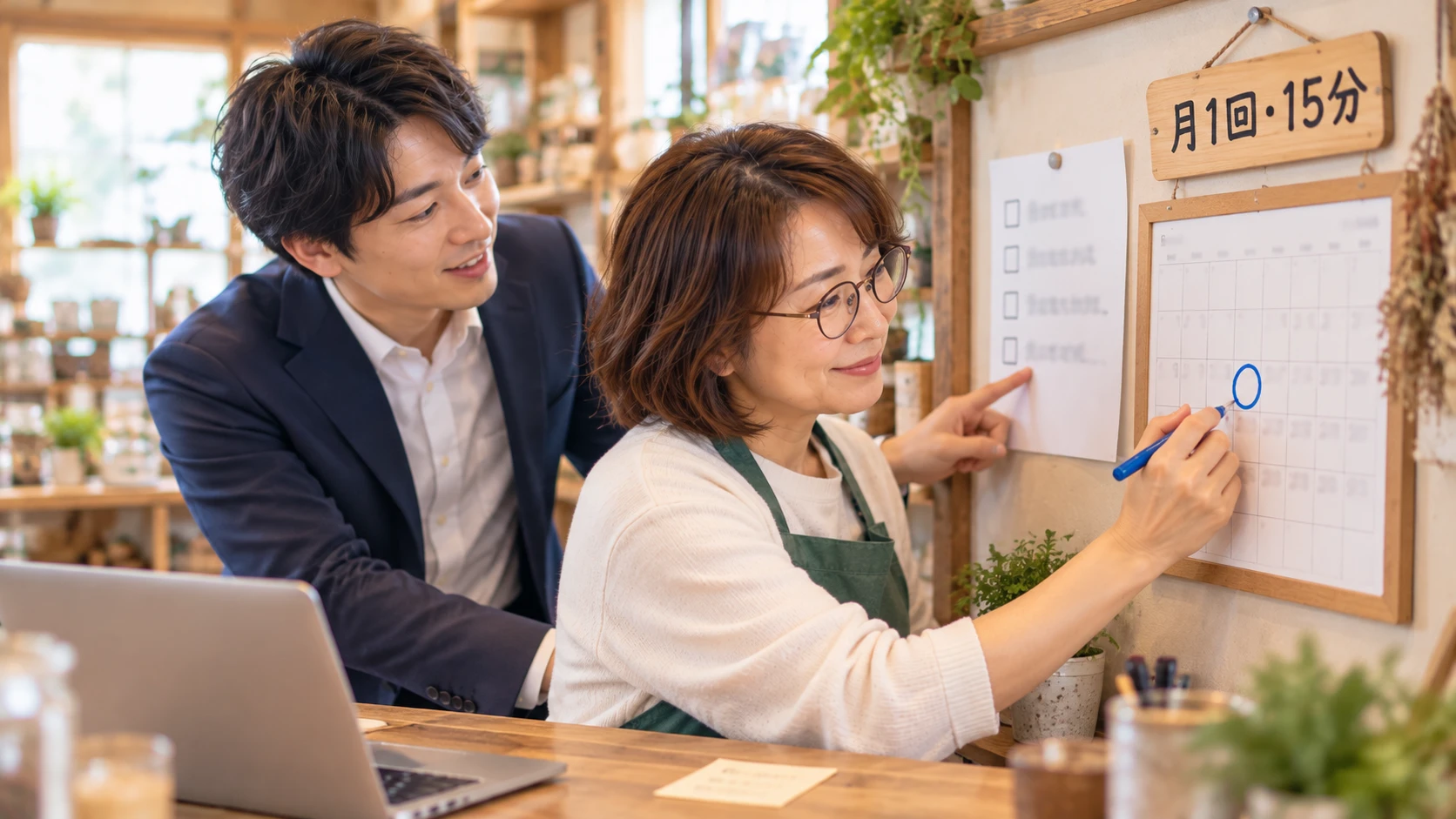 写真:店主が壁のカレンダーに月1回の青い印を書き込み、担当者がその横に貼った部品の一覧表を指さしている。壁の板に「月1回・15分」
