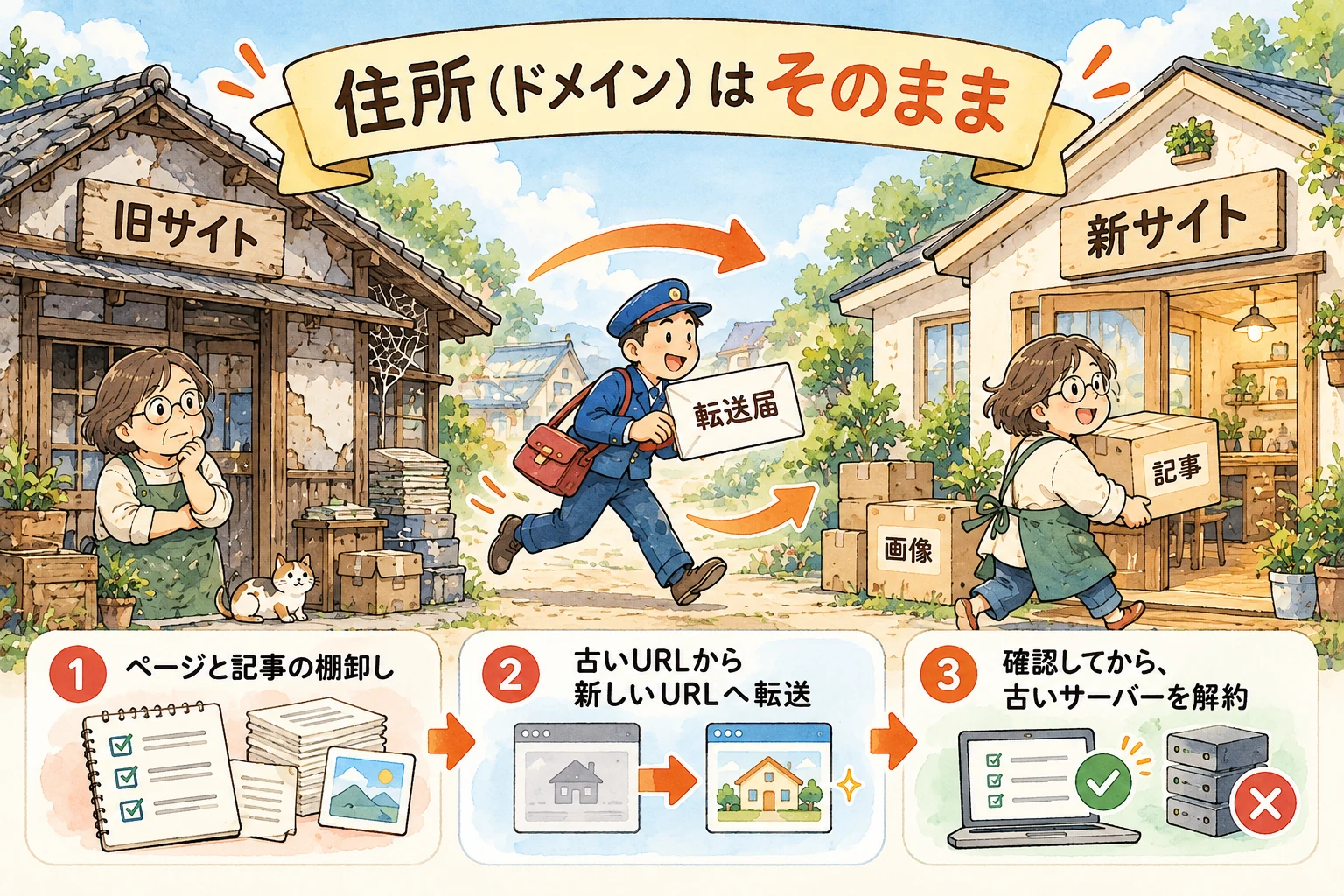 イラスト：引っ越しにたとえた乗り換え。ドメイン（住所）はそのままで、旧サイトから新サイトへ転送届を出し、確認してから古いサーバーを解約する