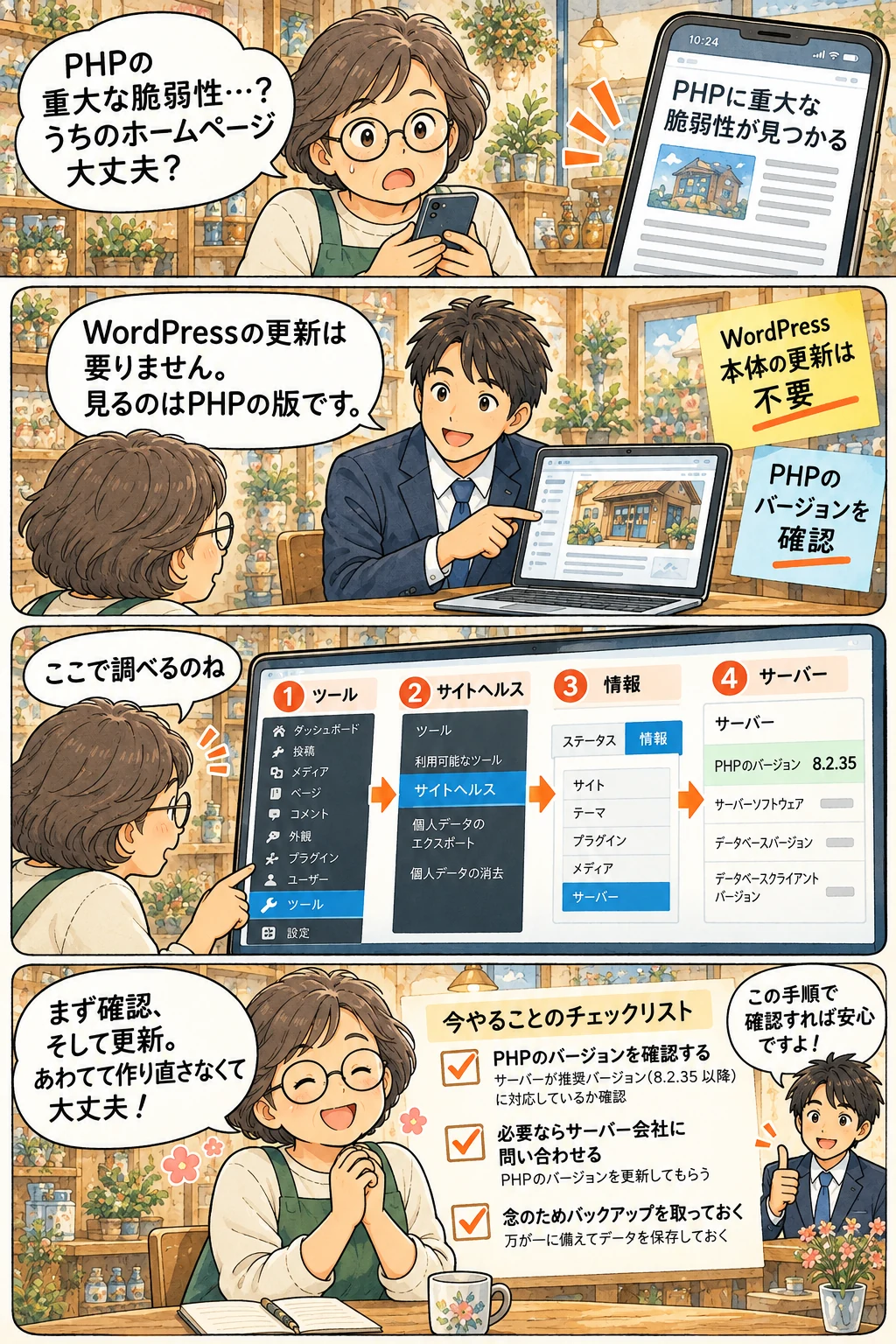 4コマ漫画：PHPの脆弱性のニュースに驚く店主。WordPressの更新は不要で、見るのはPHPの版。管理画面で版を調べ、確認・問い合わせ・バックアップの順に進める