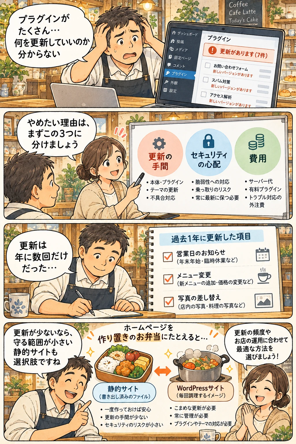 4コマ漫画：更新通知に悩む店主が、やめたい理由を更新の手間・セキュリティの心配・費用の3つに分け、過去1年の更新を書き出して、静的サイトも選択肢だと気づく