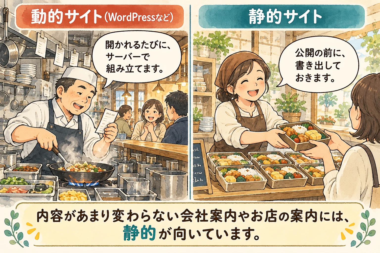 イラスト：動的サイトは開かれるたびにサーバーで組み立てる（注文を受けてから作る厨房）、静的サイトは公開の前に書き出しておく（作り置きのお弁当）