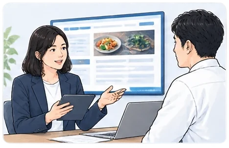 担当者が店主に、サイトの画面を見せながら説明しているイラスト