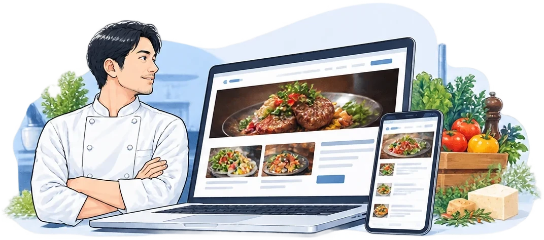 店のサイトを映したノートPCとスマートフォン、その横で腕を組む料理人のイラスト