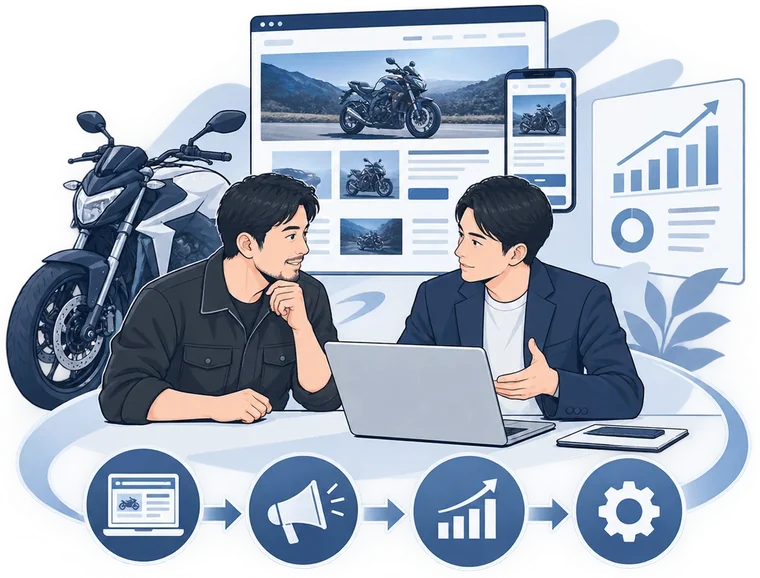 店主と担当者が、ノートPCを前に相談しているイラスト