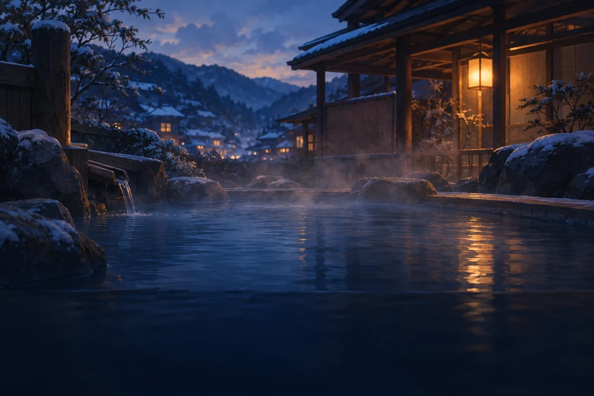 夕暮れの露天風呂。湯気の立つ湯面に宿の灯りが映り、奥に雪の山と温泉街が見える