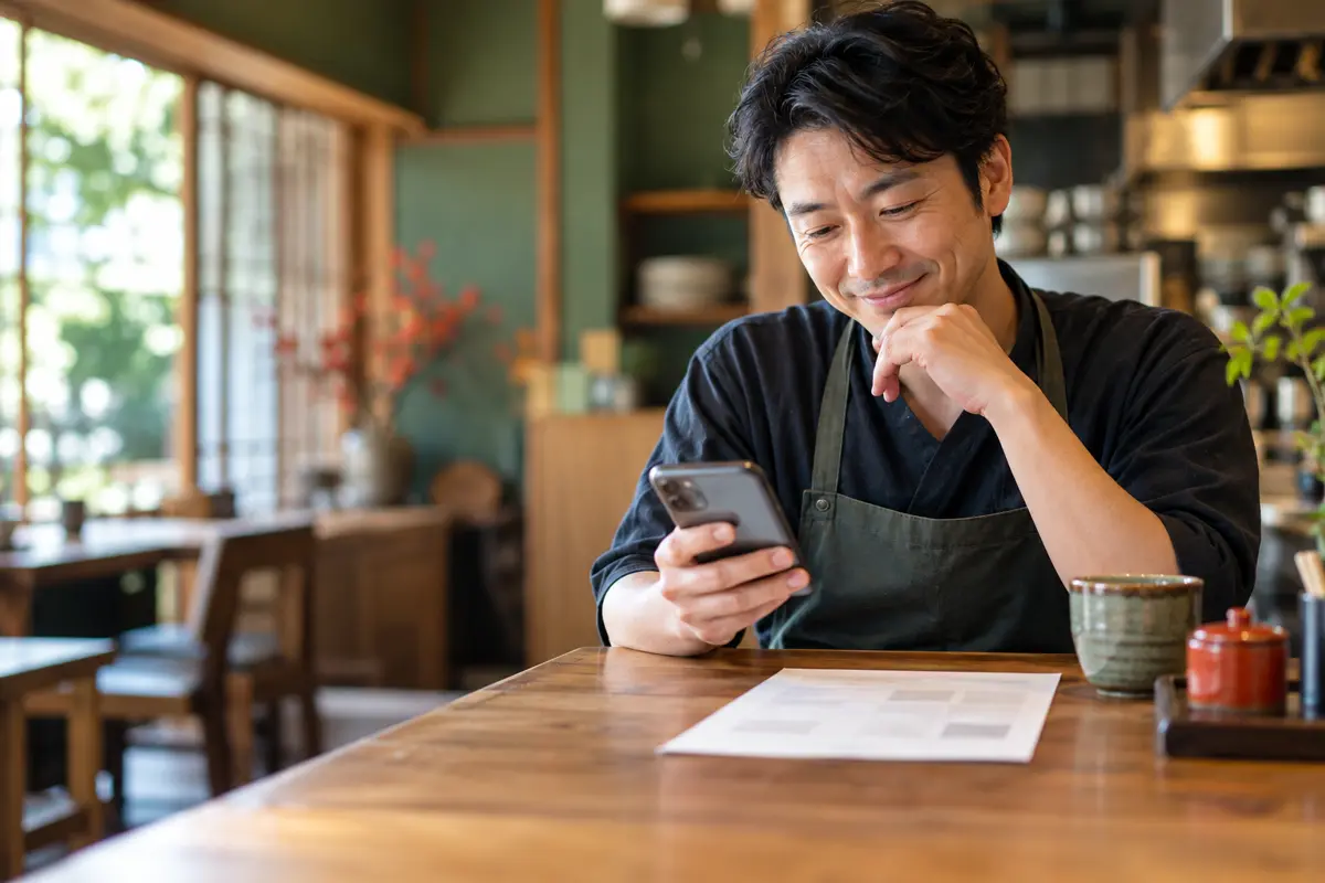 飲食店の店主が、カウンターで請求書を前にスマートフォンで自分の店のホームページを見て、安心した表情を浮かべている