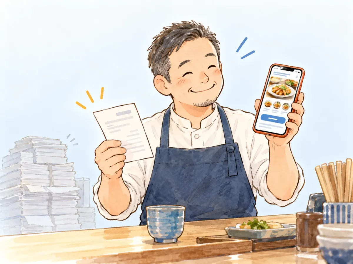 店主がスマホで自分の店のホームページを見て、請求書の金額が軽くなったことを確かめている