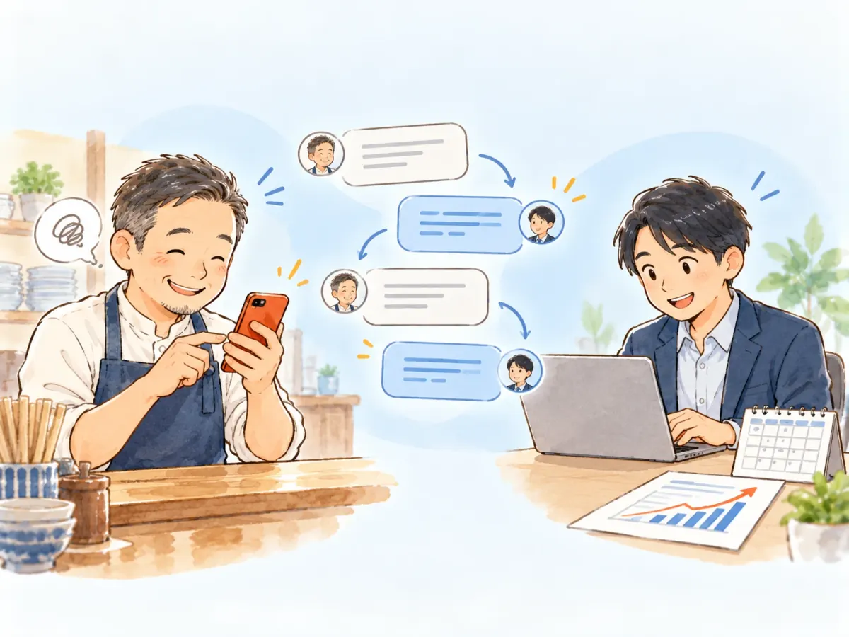 店主とスタジオの担当者がLINEでやりとりし、困りごとがその場で片づく
