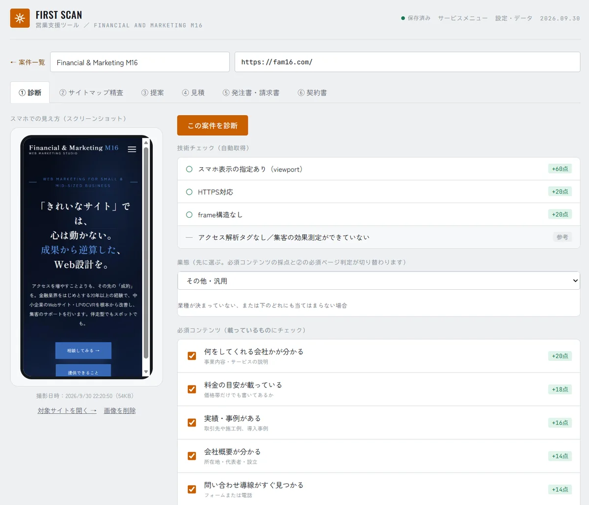 FIRST SCAN の診断画面（点数が低く出る場合のサンプル）。スマホ表示のスクリーンショット、技術チェック、業態の選択、必須コンテンツのチェックリストが並ぶ